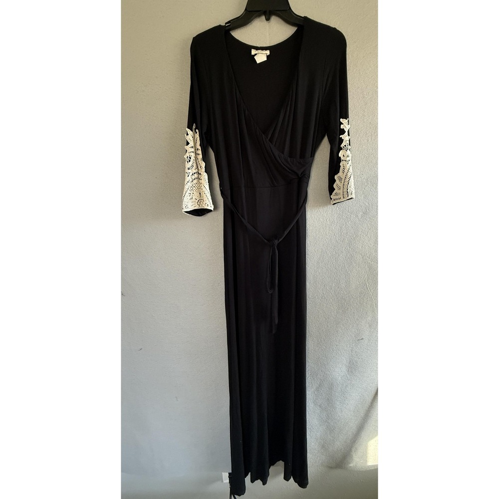 B.E. Stage Dress Womens Large Black Wrap‎ Maxi Crochet Bell Sleeve Boho Jersey